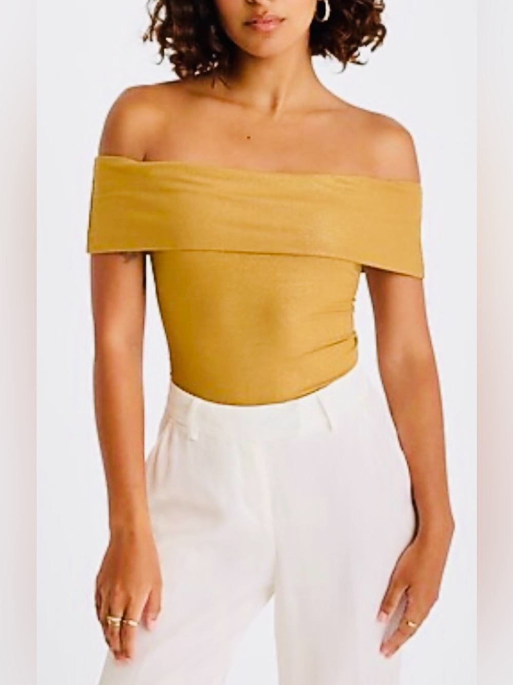 Express Copper Fitted Ribbed Shine Off-Shoulder Ribbed